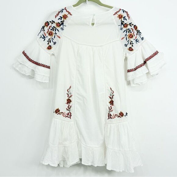 Free People PAVLO White Flutter Orange Floral Embroidered Boho Chic Mini Dress - Picture 12 of 16